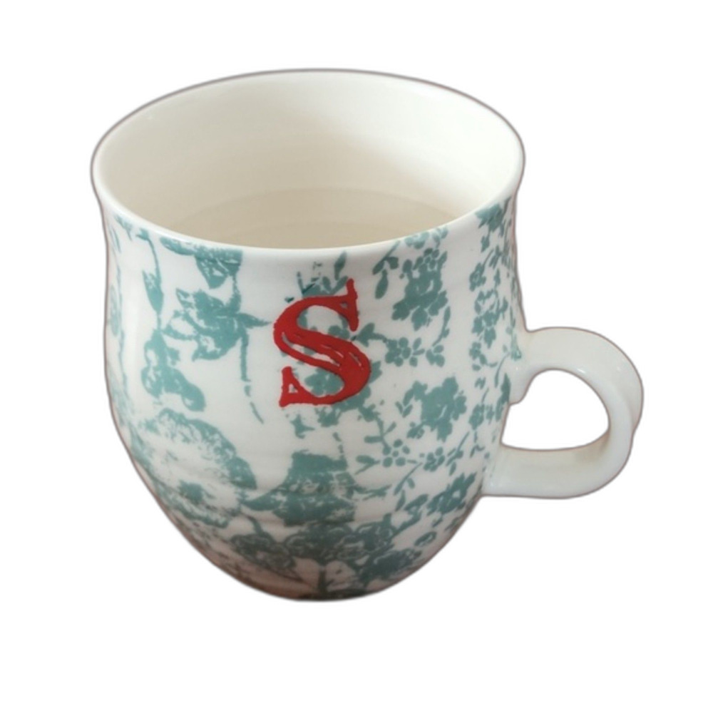 Anthropologie Homegrown Mint Green Floral Monogram Mug, Letter S